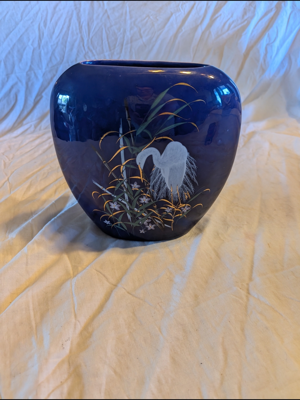 2/60$ Vintage Blue Ceramic Vase with White Heron and Gold Accents